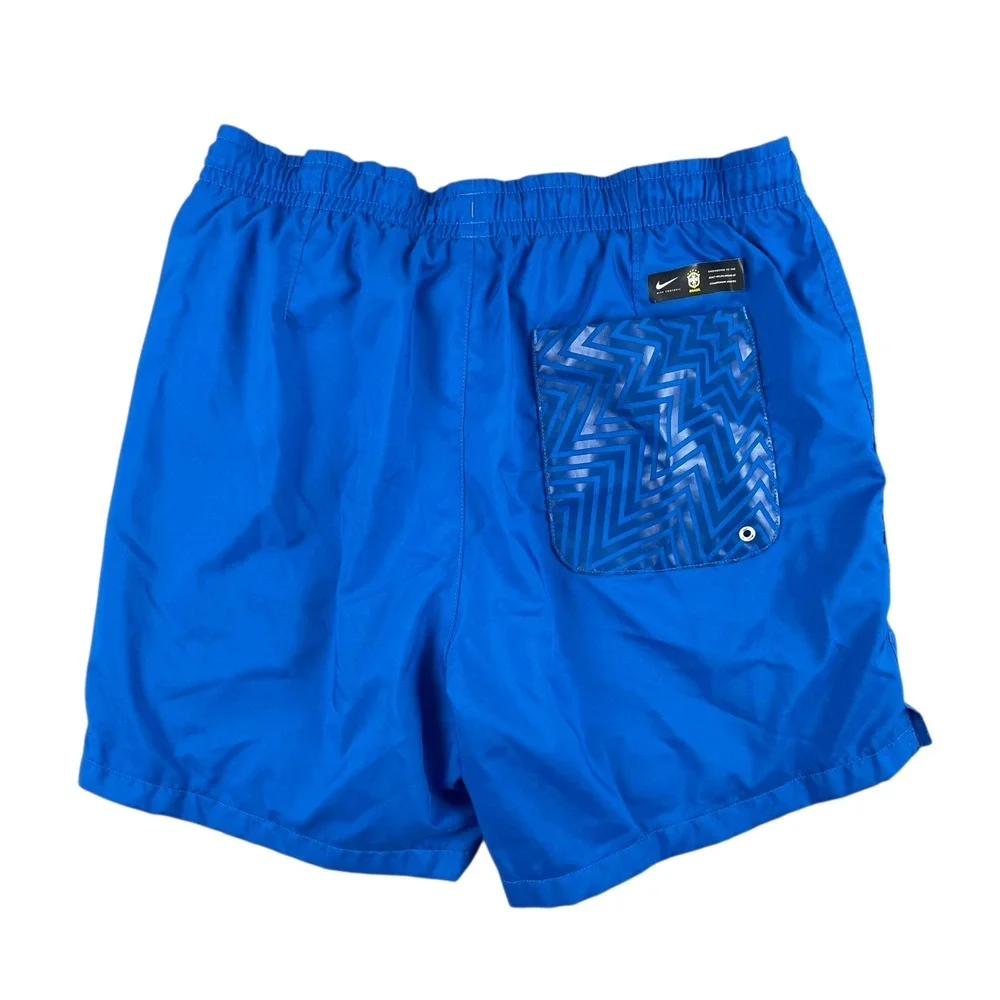 Nike Swim Trunks Mens M Blue Swoosh Brasil Logo Elastic Waist Drawstring Pockets